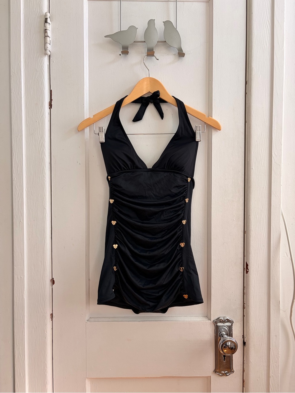 Juicy Couture Pin-up Girl Black Halter One-Piece Swimsuit with Gold Accents